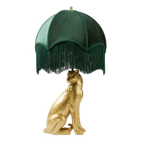 Gold Tone Leopard Green Art Deco Fringe Shade Table Lamp NEW - Picture 4 of 9